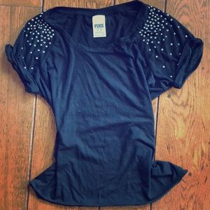 PINK Studded Sleeves Black Tee